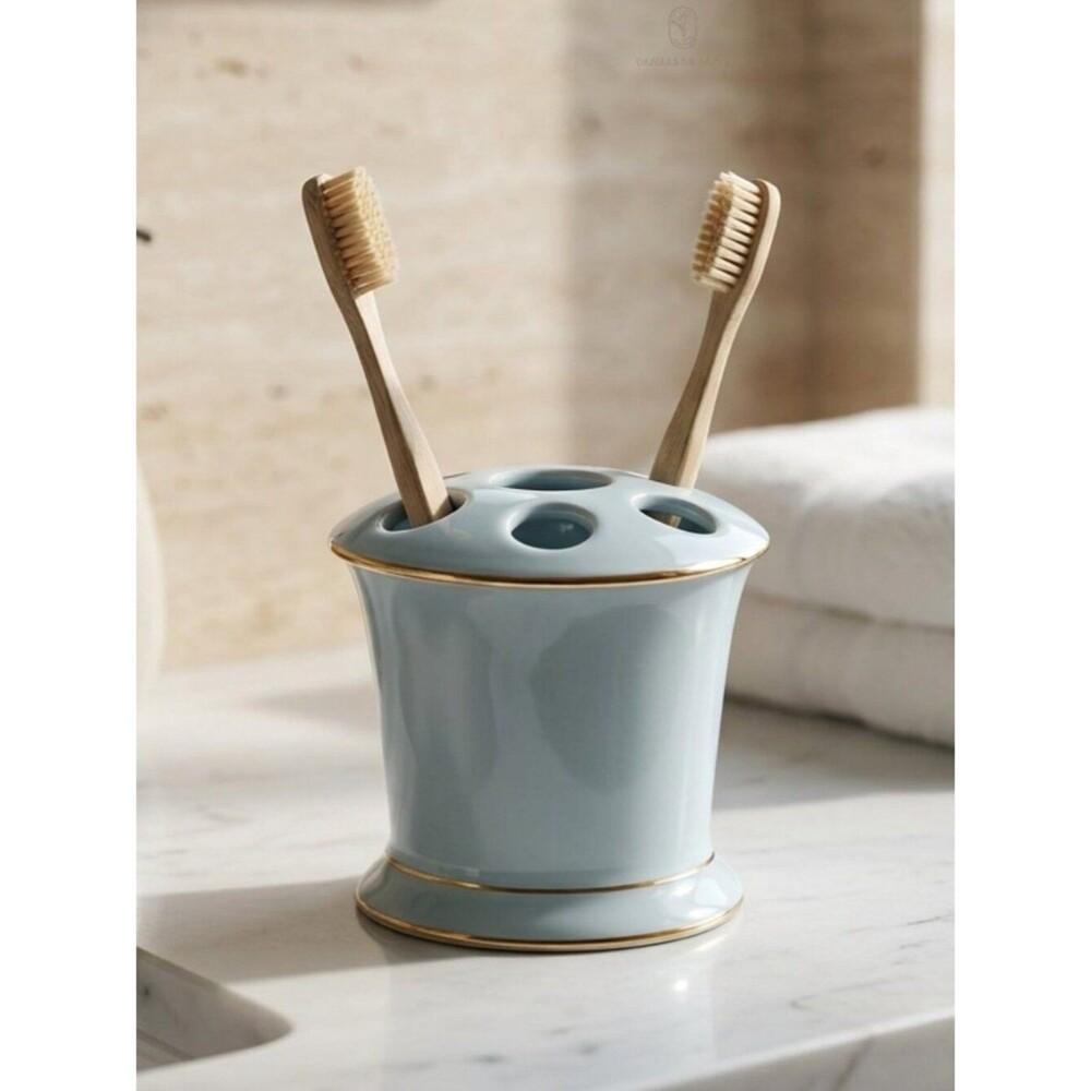 Ceramic Baby Blue With Gold Rim Toothbrush Holder